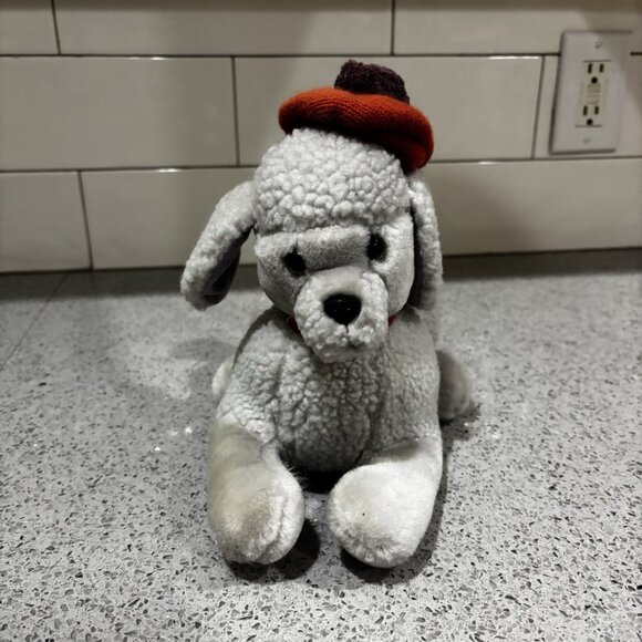 Dakin French Poodle Dog Grey Plush 8in Red Wool Beret Lying 1987 Tush Tag Korea - Picture 5 of 9